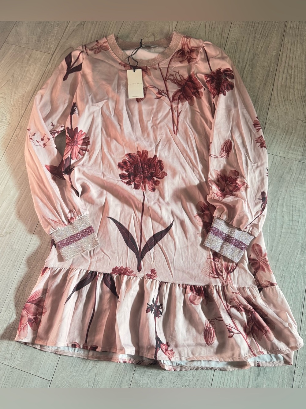 Maison Mére Made in Italy Pink Floral Ruffle Hem Mini Dress with Glitter Trim